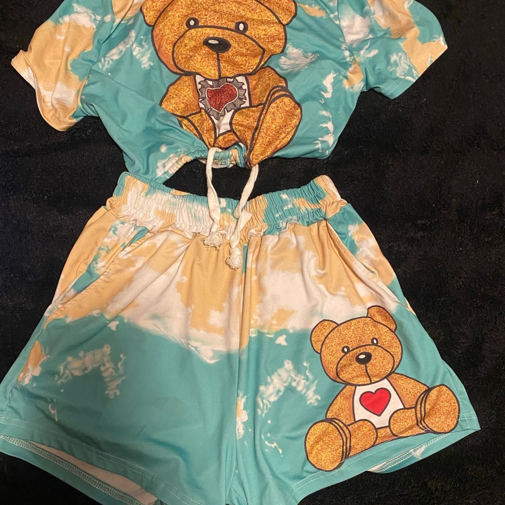 SHEIN Bear Print Two-Piece Set in Blue and Tan